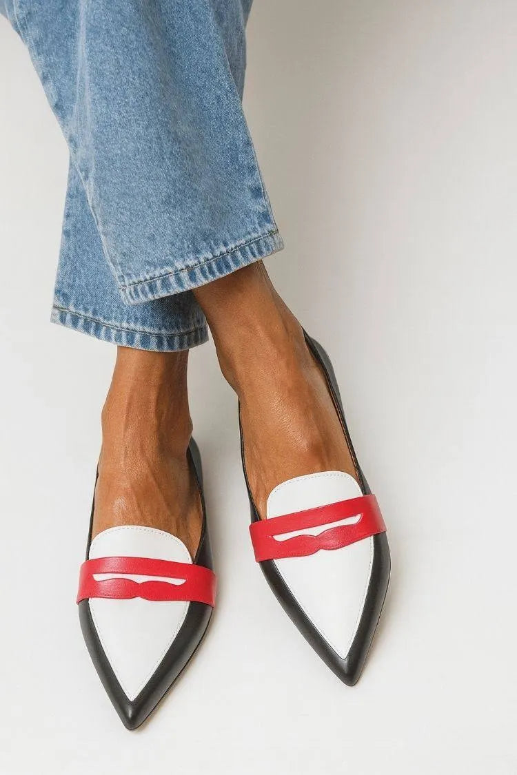 Leather Colorblock Red Strap Pointy Loafer Flats