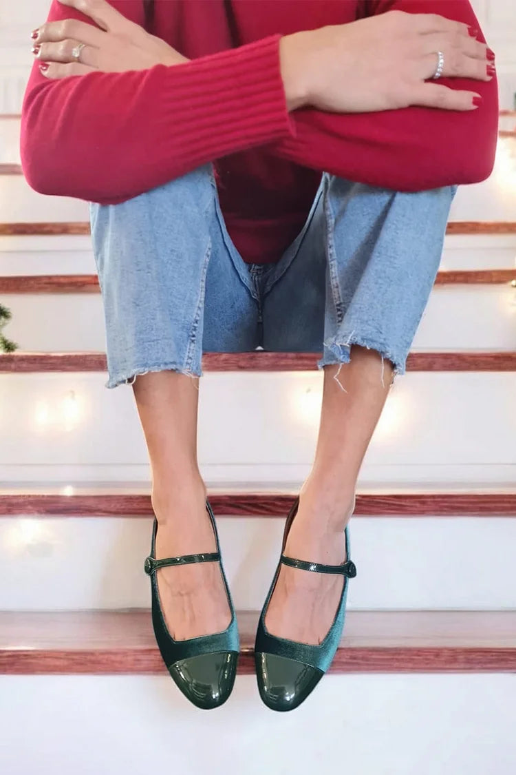 Patchwork Instep Strap Buckle Dark Green Flats