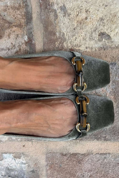 Velvet Green Gold Chain Square Toe Flats