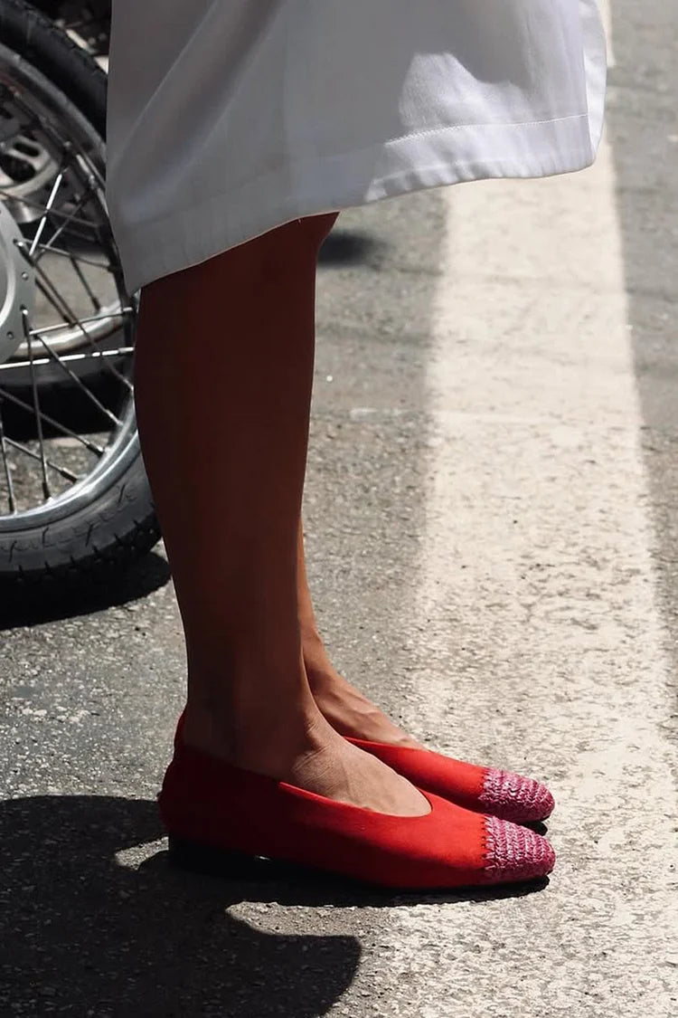 Crochet Patchwork Round Toe Slip On Red Flats