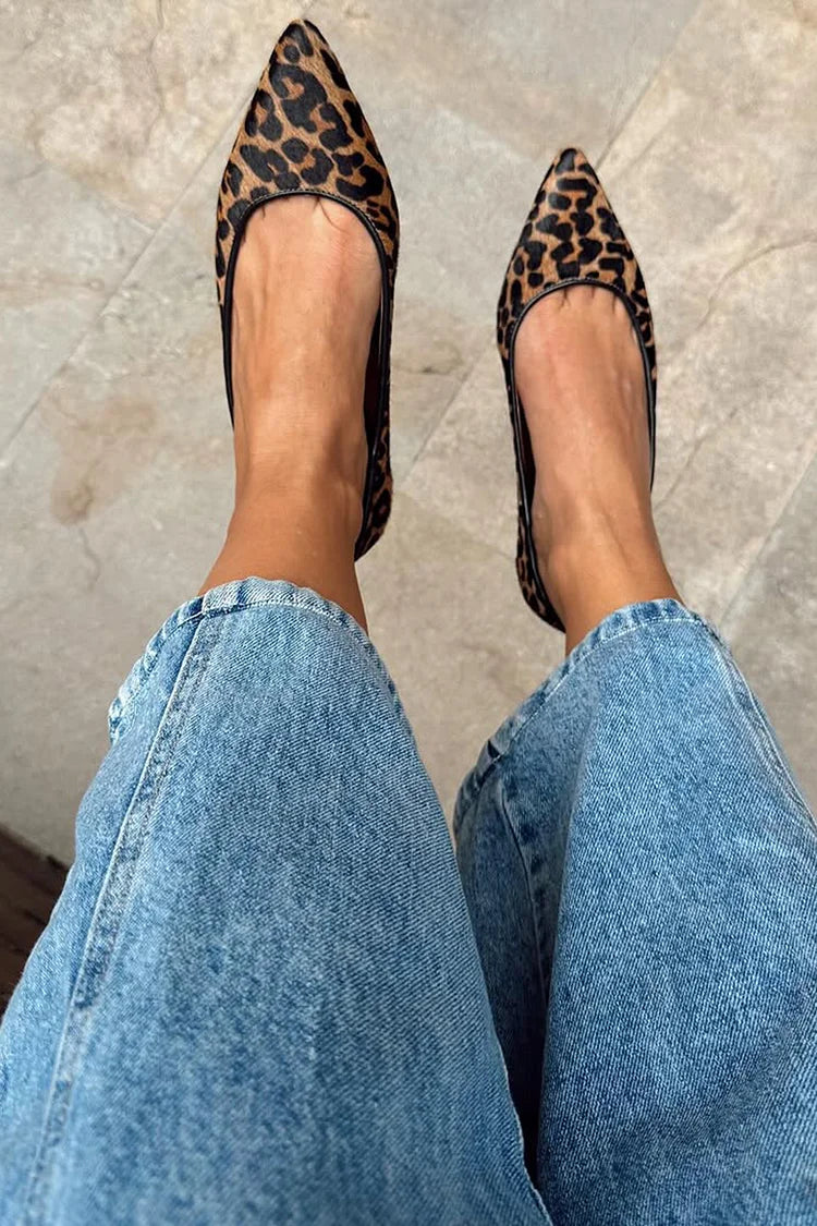 Pointed Toe Leopard Print Slip On Brown Flats