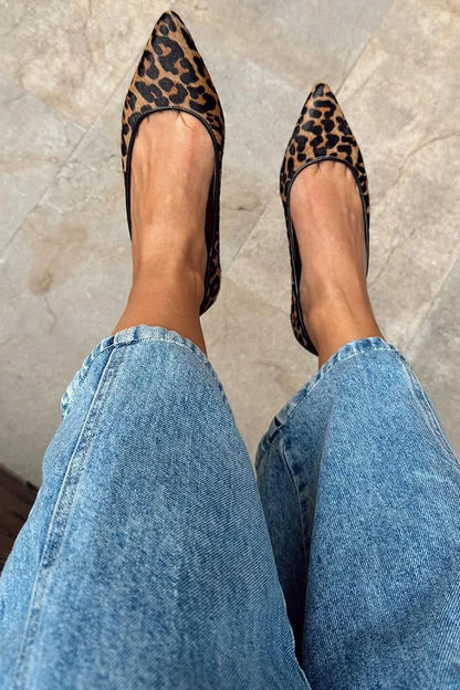 Pointed Toe Leopard Print Slip On Brown Flats