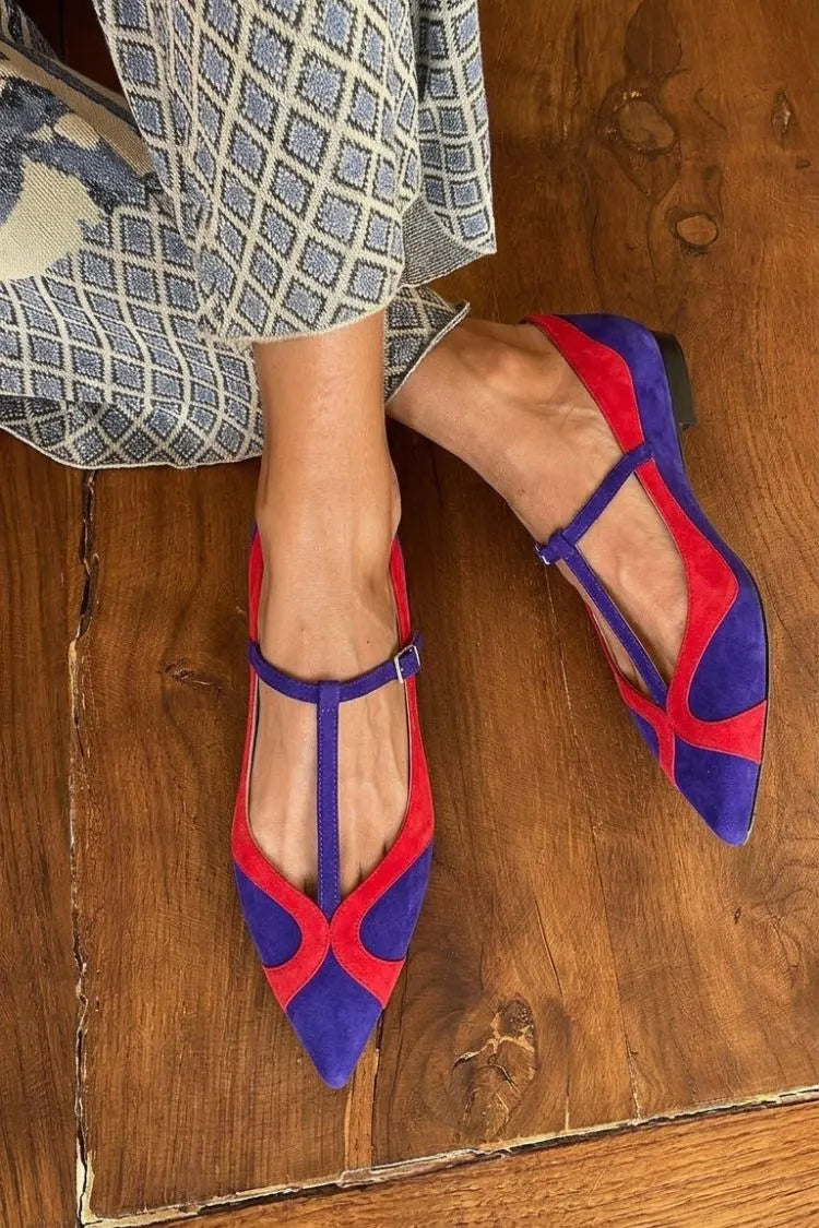 Purple Red Two Tone Suede T-Strap Pointed Flats