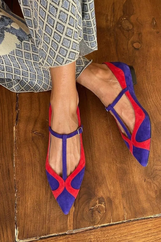 Purple Red Two Tone Suede T-Strap Pointed Flats