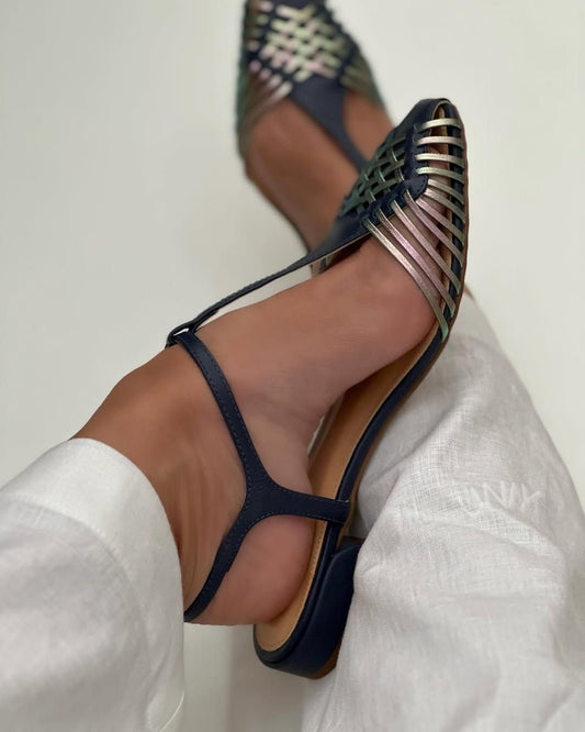 Blue Colorblock Woven Strap Square Toe Casual Flats