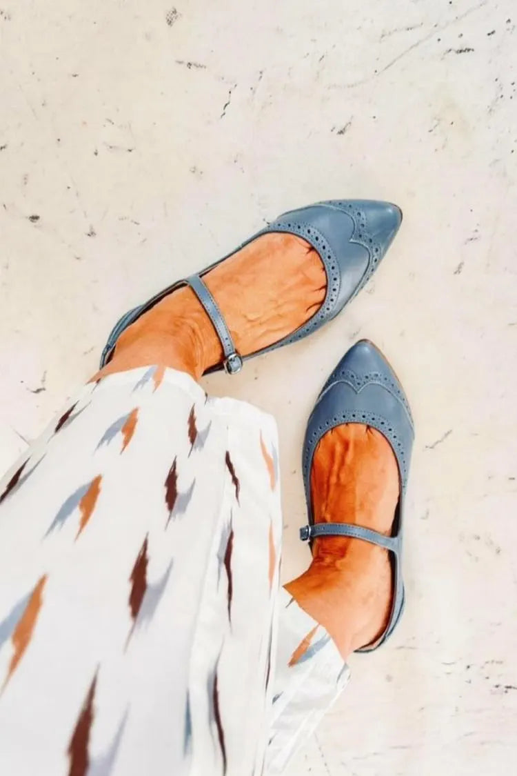 Patchwork Pointed Toe Instep Strap Buckle Blue Flats