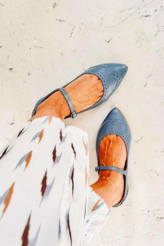 Patchwork Pointed Toe Instep Strap Buckle Blue Flats