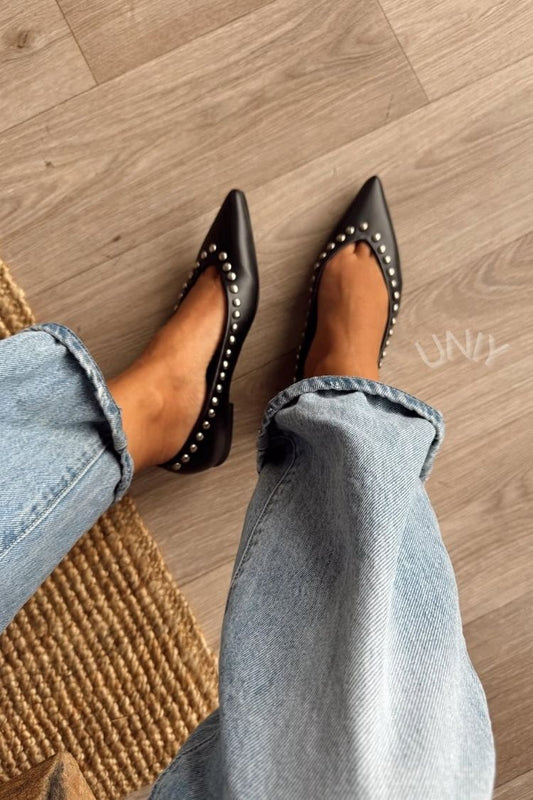 Chic Black Studded Pointed Toe Slip-On Flats