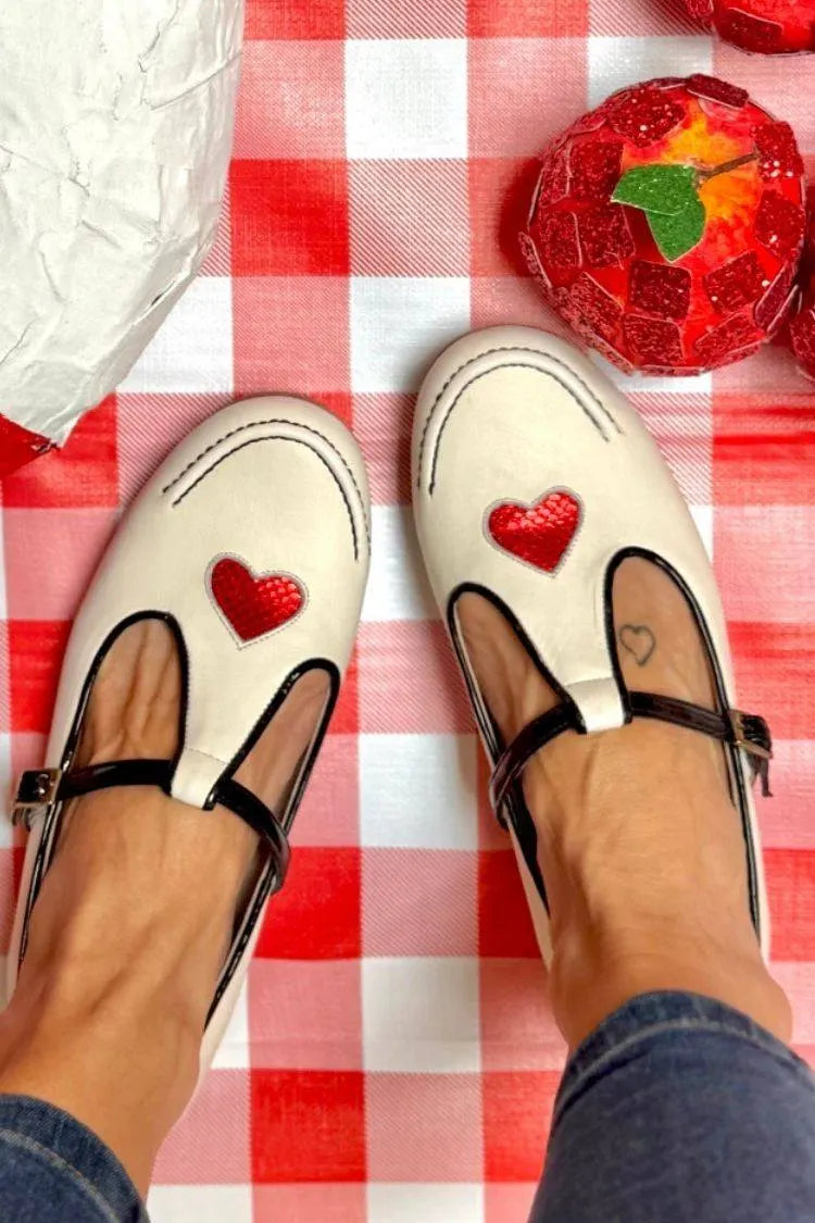 Cream Leather Heart Applique T-Strap Mary Jane Flats