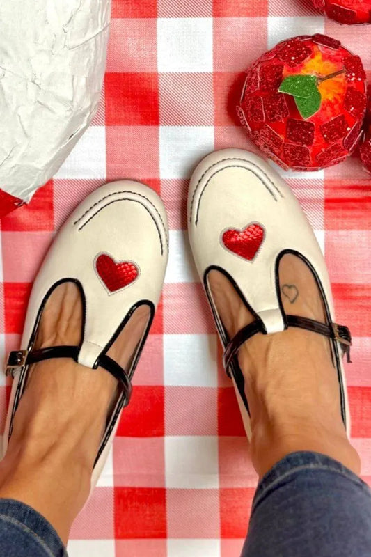 Cream Leather Heart Applique T-Strap Mary Jane Flats