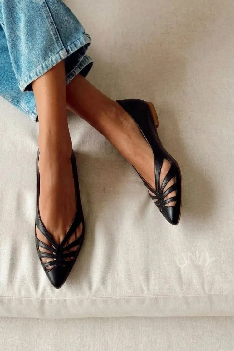 Chic Black Pointed Toe Radial Cut Out Flats
