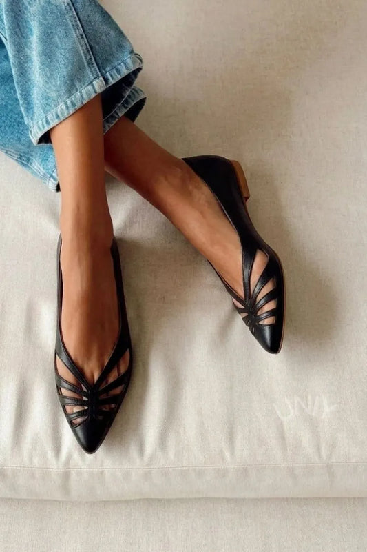 Chic Black Pointed Toe Radial Cut Out Flats