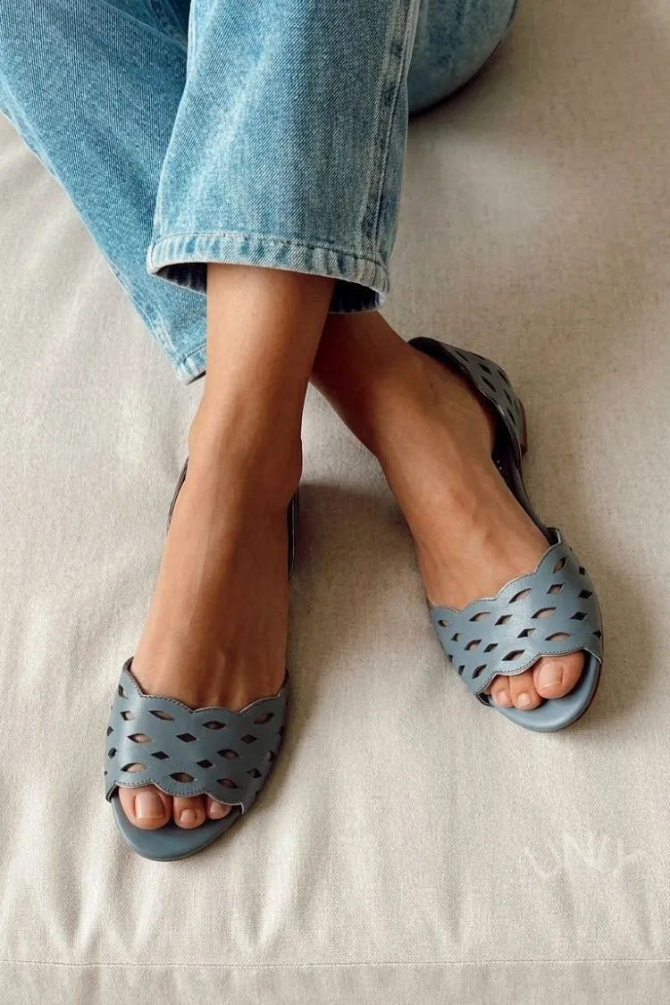 Retro Dusty Blue Laser Cut Peep Toe Slingback Flats