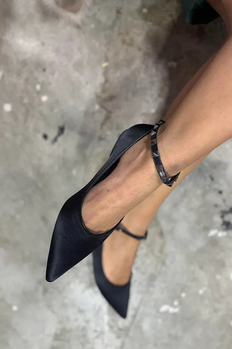 Metal Rivets Ankle Strap Buckle Pointe Toe Black Flats
