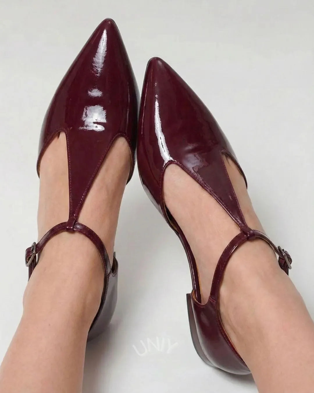 Retro Burgundy Pointed Toe T-Strap Mary Jane Flats