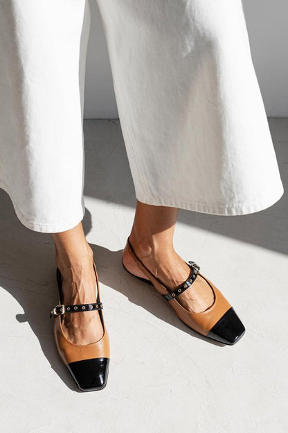 Instep Strap Buckle Colorblock Square Toe Brown Flats