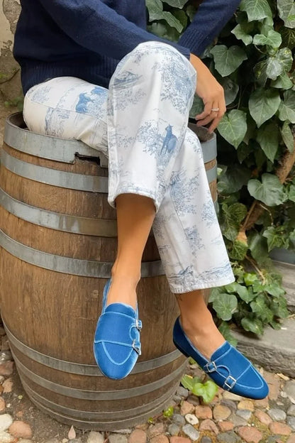 Velvet Round Toe Patchwork Solid Color Blue Flats