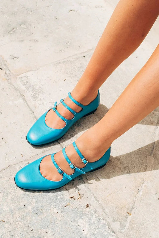Multi Straps Buckles Solid Plain Round Toe Blue Flats