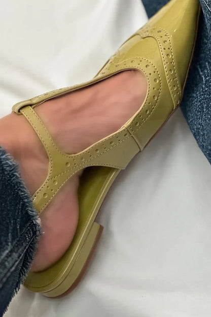 Patchwork Pointed Toe T-Strap Buckle Slingback Green Flats