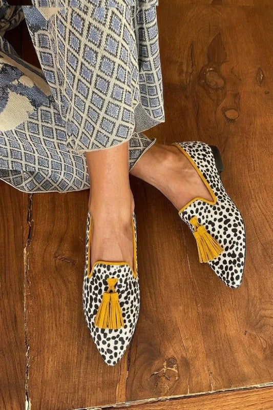 Colorblock Leopard Calf Hair Yellow Tassel Pointed Flats