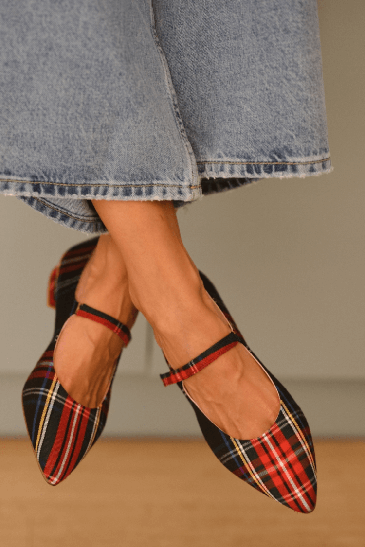Plaid Print Faux Suede Ankle Strap Pointy Flats