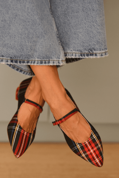 Plaid Print Faux Suede Ankle Strap Pointy Flats