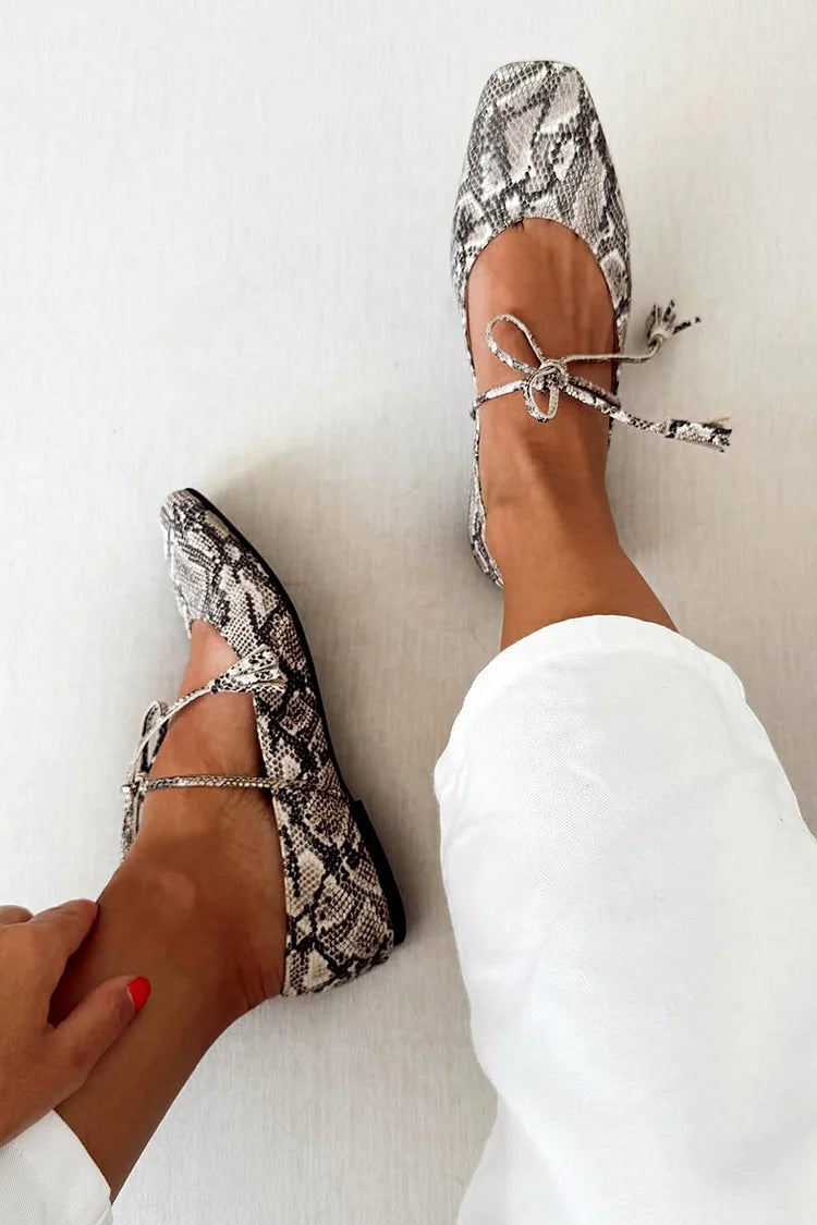 Snake Print Square Toe Tied Up Gray Flats