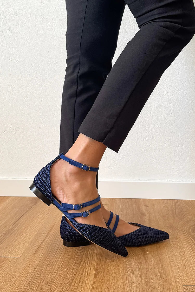 Multi Straps Buckles Woven Pointed Toe Navy Flats