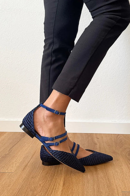 Multi Straps Buckles Woven Pointed Toe Navy Flats