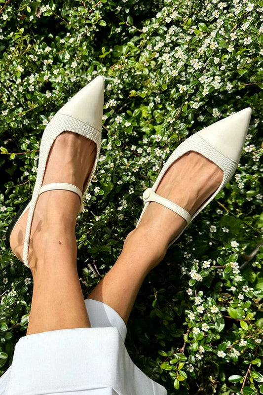 Patchwork Pointed Toe Instep Strap Buckle Ivory Flats