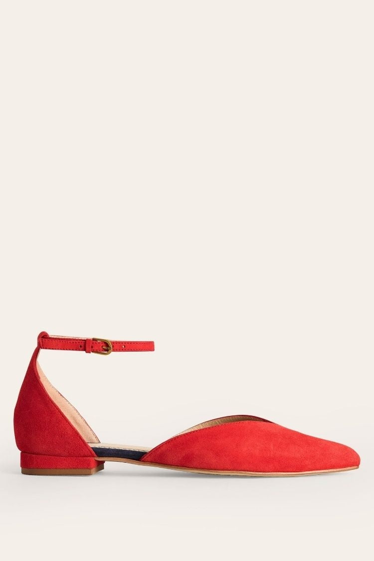 Suede Solid Red Ankle Strap Dorsay Pointed Flats