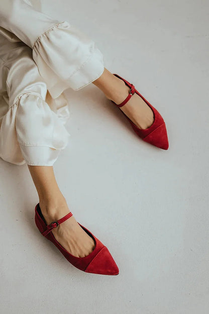 Patchwork Instep Strap Buckle Pointed Toe Red Flats