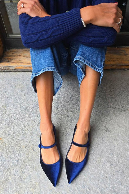 Solid Color Velvet Instep Strap Buckle Pointed Toe Navy Flats