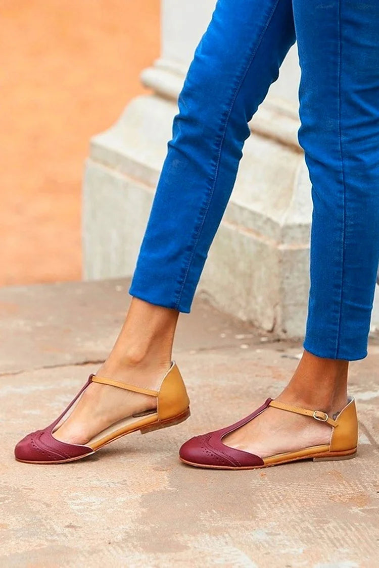 Colorblock Round Toe T-Strap Buckle Burgundy Flats
