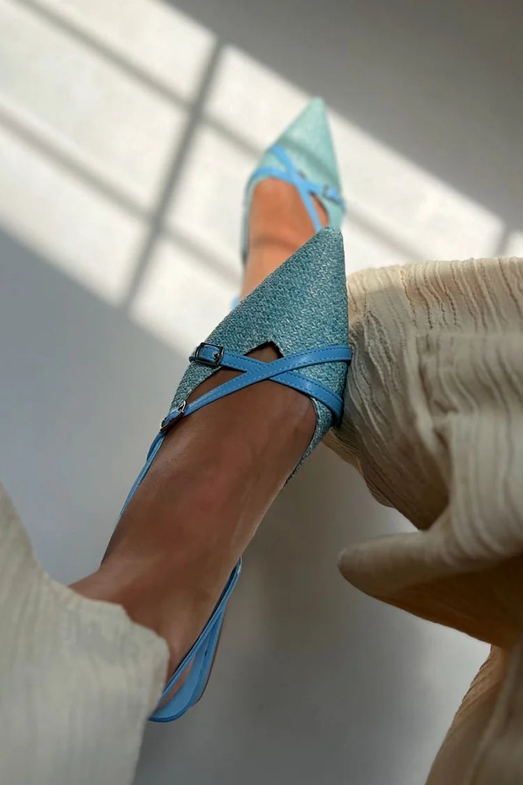Cross Strap Pointed Toe Buckle Slingback Blue Flats