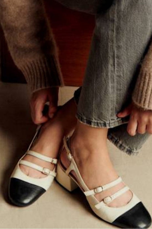 Two Tone Leather Double Strap Mary Jane Cap Toe Flats