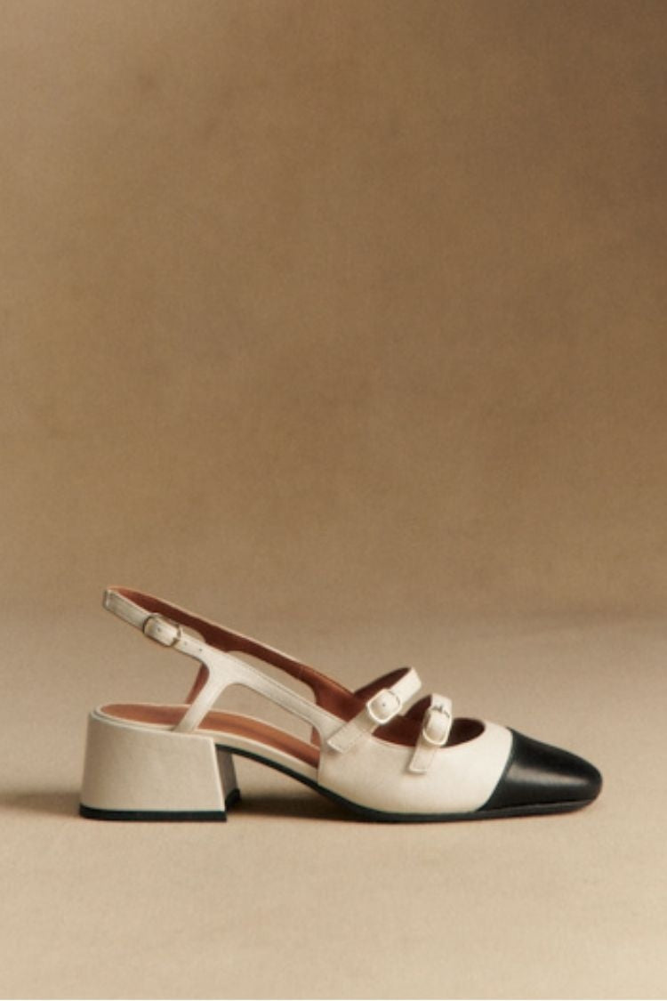 Two Tone Leather Double Strap Mary Jane Cap Toe Flats