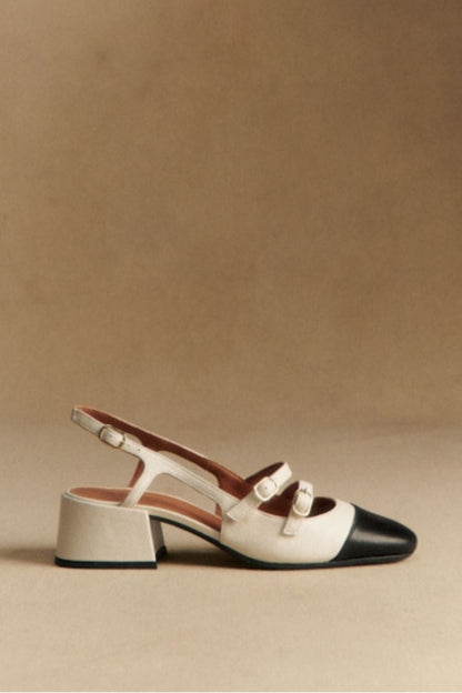 Two Tone Leather Double Strap Mary Jane Cap Toe Flats