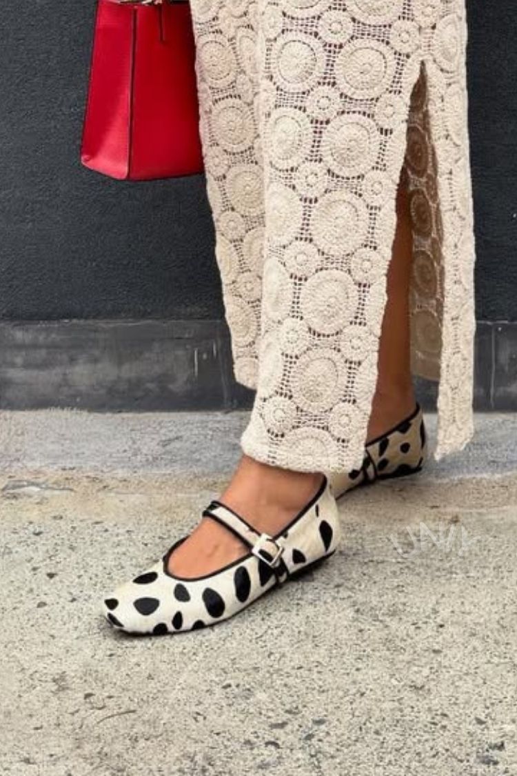 Vintage Black & White Polka Dot Calf Hair Mary Jane Flats