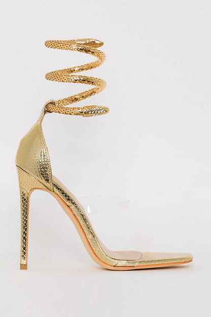 Light Gold Snake Ankle Transparent Strap Stiletto Sandals