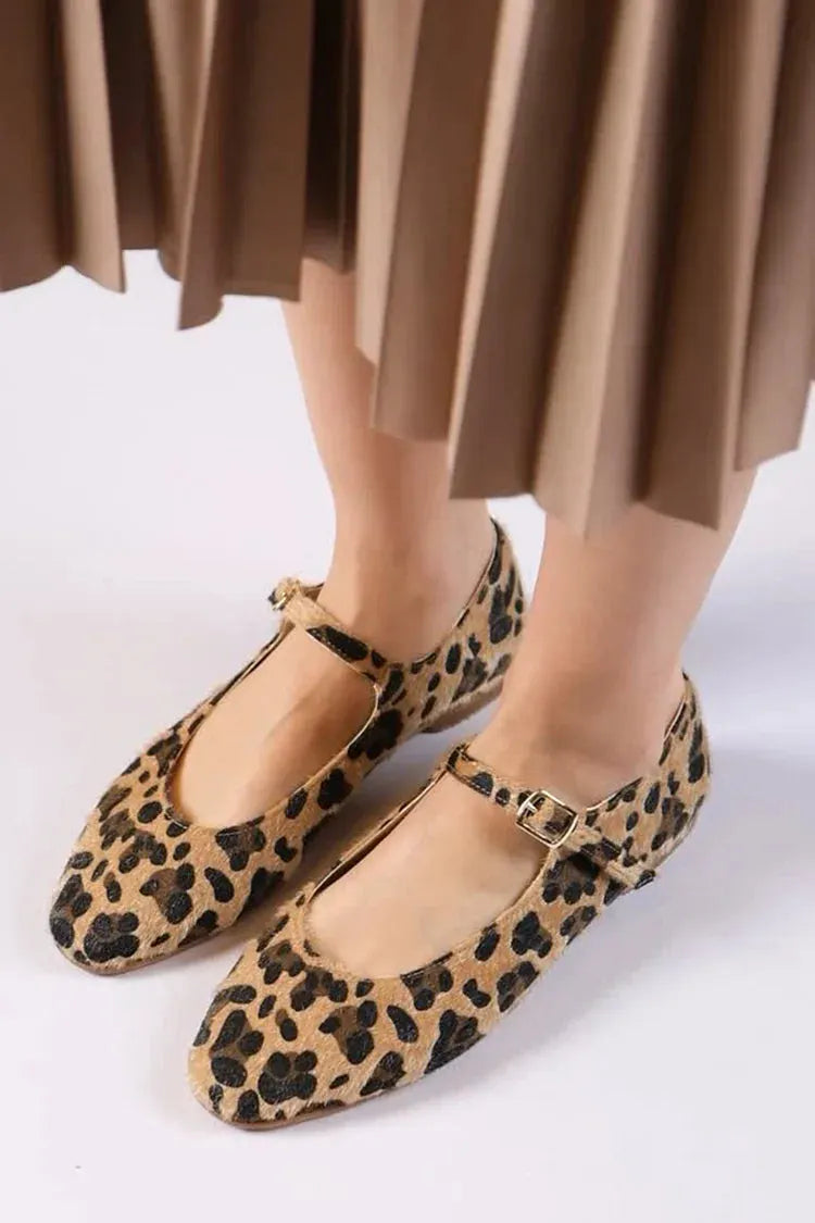 Leopard Print Instep Strap Buckle Light Brown Flats