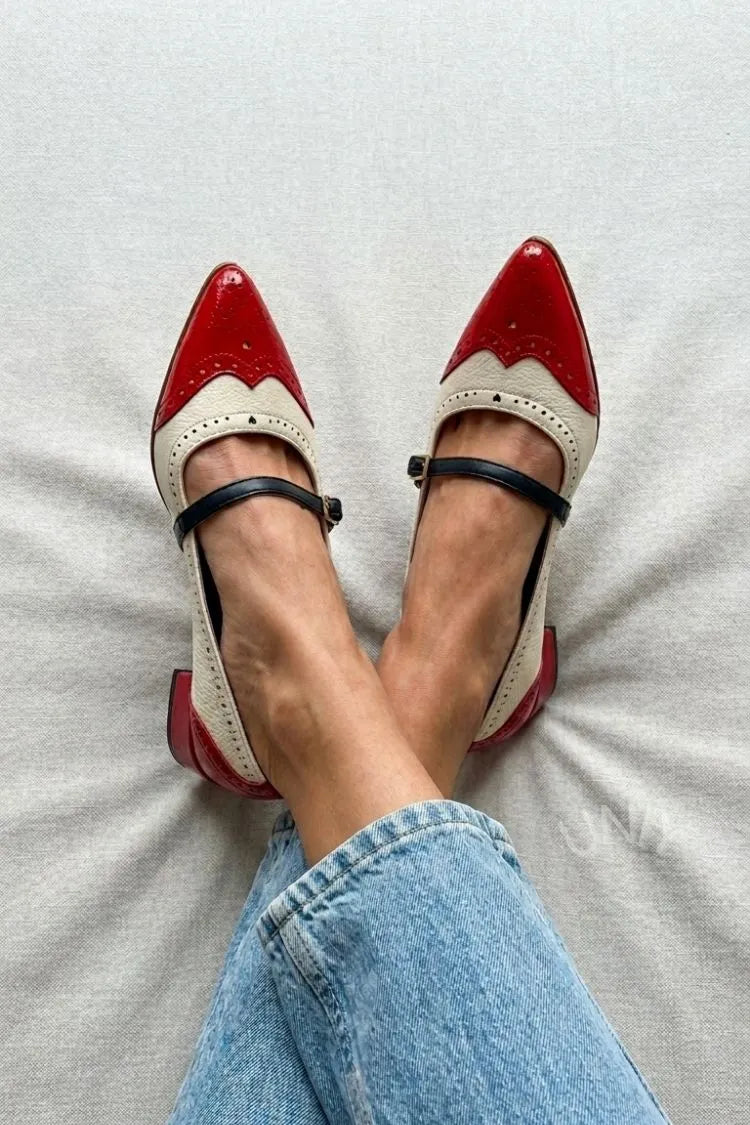 Minimalist Red & White Brogue Design Mary Jane Flats