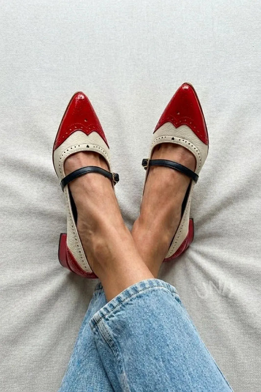 Minimalist Red & White Brogue Design Mary Jane Flats