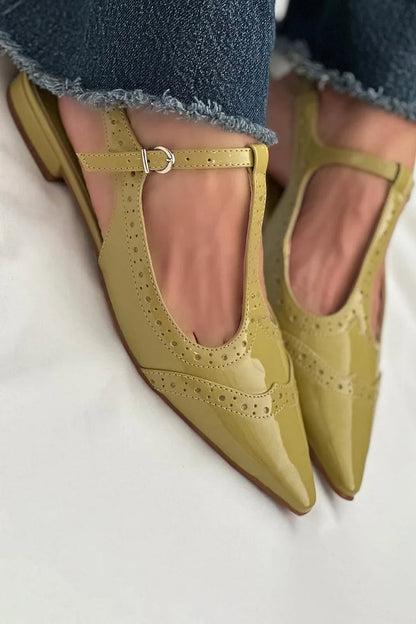 Patchwork Pointed Toe T-Strap Buckle Slingback Green Flats