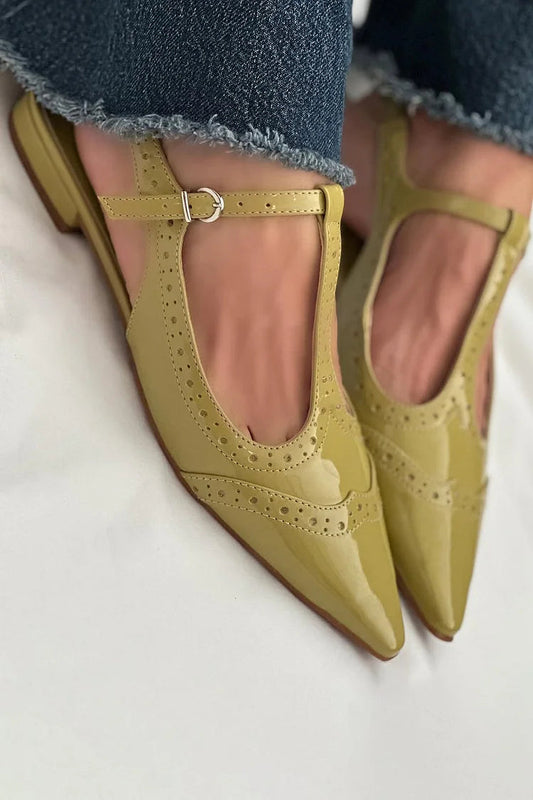 Patchwork Pointed Toe T-Strap Buckle Slingback Green Flats