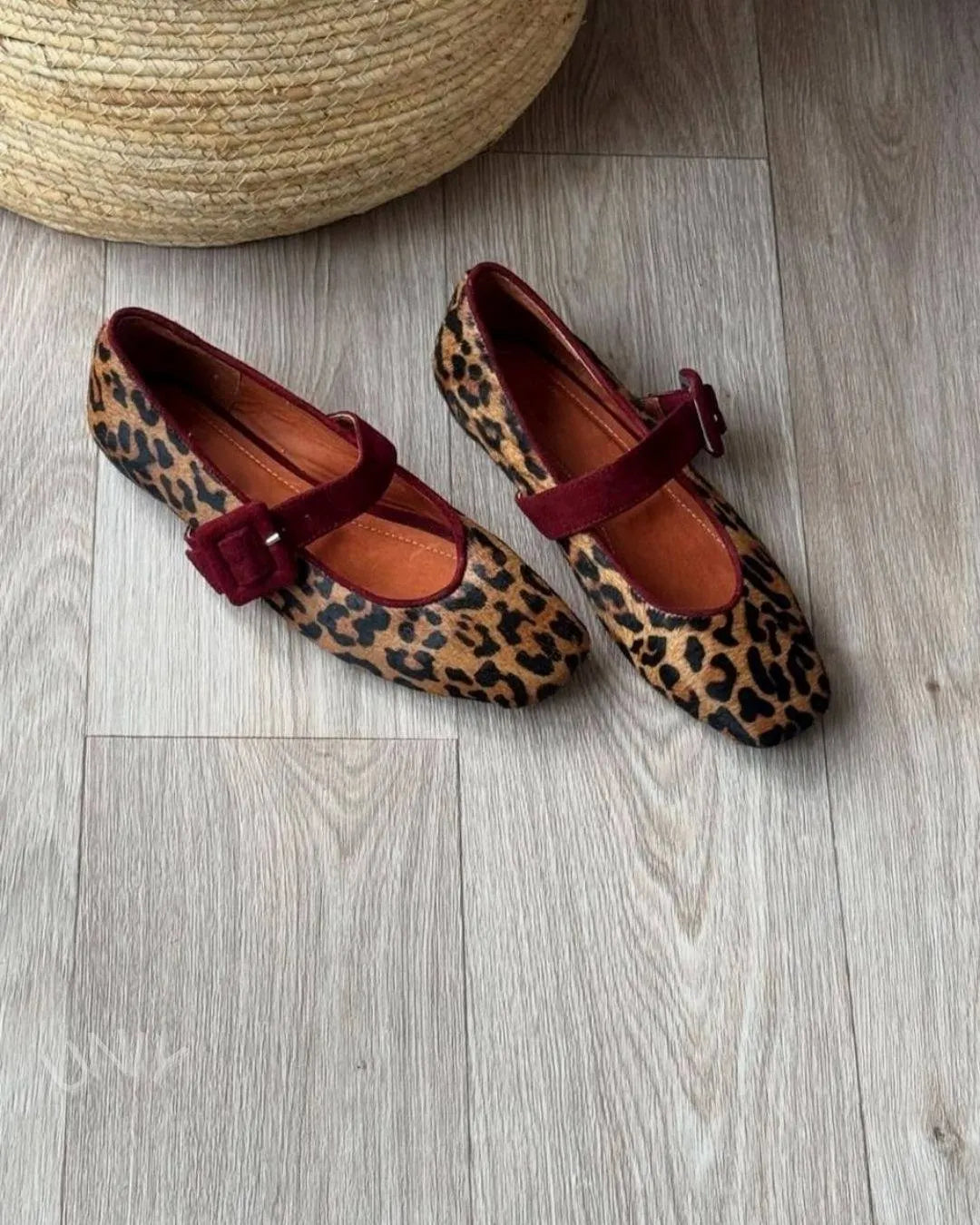 Leopard Print Burgundy Buckle Ankle Strap Mary Jane Flats
