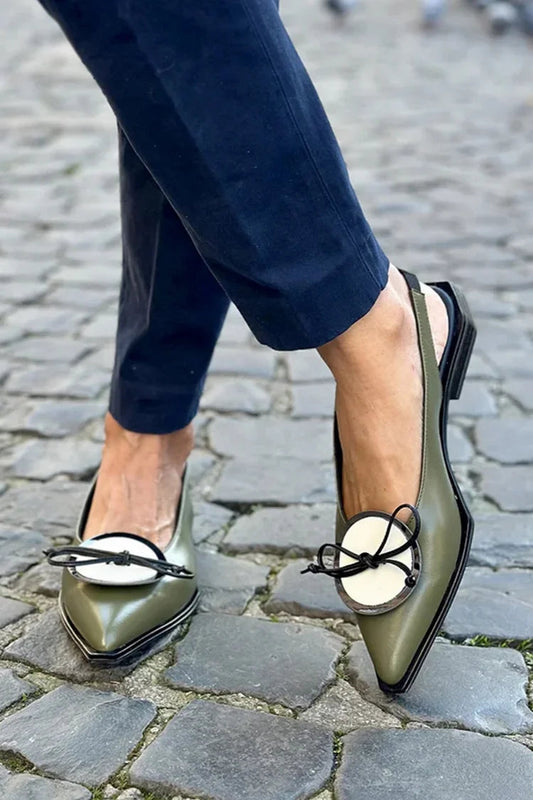 Colorblock Round Decor Pointed Toe Slingback Green Flats