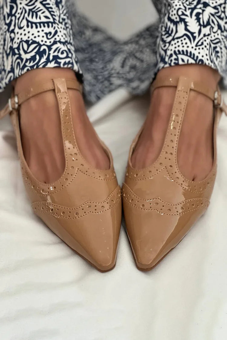 Patchwork T-Strap Buckle Pointed Toe Light Brown Flats