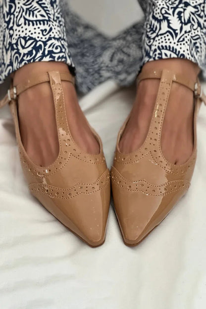 Patchwork T-Strap Buckle Pointed Toe Light Brown Flats